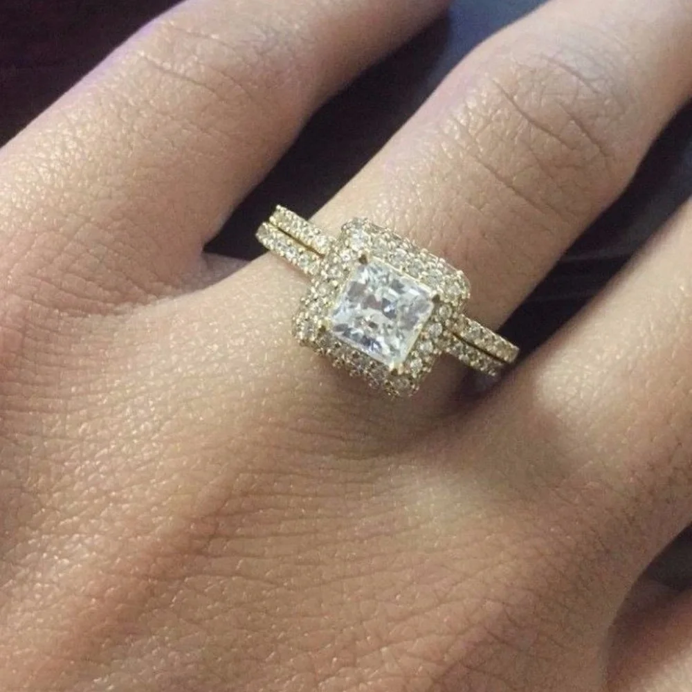New Solid 14K Yellow Gold Princess Cut Engagement Bridal Ring band 2pc set